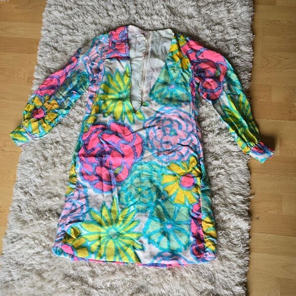 BH WRAGGE Vibrant Floral Long Sleeve Dress  Deep V Neck Size Medium Retro - Picture 5 of 15